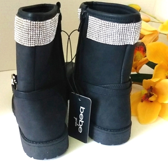 BEBE BLACK RHINESTONES MOTO BOOTIES COMBAT BOOTS SIZE GIRLS 3 NWT - Picture 6 of 11